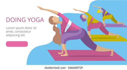 A group of young women in bright costumes doing yoga. Vector illustration in flat style. Landing page main block layout.