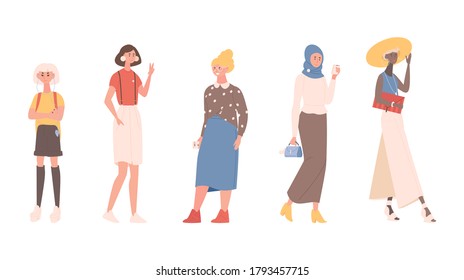 Group of young women of different ages, nationalities and cultures standing together vector flat illustration. Female friends, happy girls, sisterhood, feminism, girl power concept.