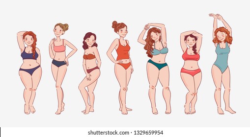 Group of young women of different heights, figure types and sizes dressed in swimsuits standing in a row. Body positive and beauty diversity vector concept