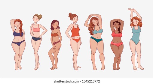 Group of young women of different heights, figure types and sizes dressed in swimsuits standing in a row. Body positive and beauty diversity vector concept