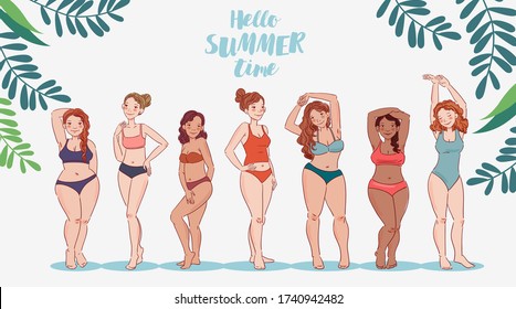 Group of young women of different heights, figure types and sizes dressed in swimsuits standing in a row. Body positive and beauty diversity vector concept