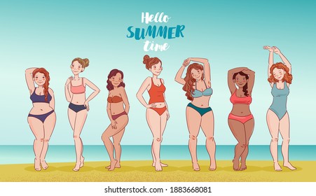 Group of young women of different heights, figure types and sizes dressed in swimsuits standing in a row. Body positive and beauty diversity vector concept