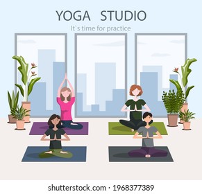 Group of young women doing lotus asana in a bright yoga studio with indoor flowers on the background of a big city. Poster or banner for yoga studio. Flat cartoon 
style character