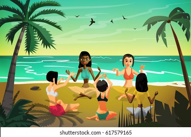 Group of young women doing yoga on the beach at sunset under palm trees. Flat cartoon vector illustration