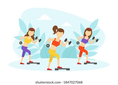 Group of Young Women Exercising with Dumbbells, Girls Doing Fitness in Gym, Active Healthy Lifestyle, Indoor Sports Concept Vector Illustration