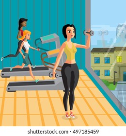 Group of young women exercising with dumbbells and running on treadmills in modern sport gym. Girls in club near a large window. Vector flat cartoon illustration