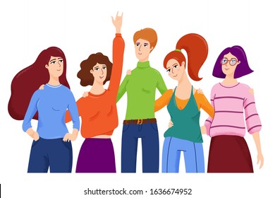 Group of young women, friends hugging each other and smiling, half length standing portrait, vector illustration isolated on white background. Group of female friends, women hugging and smiling