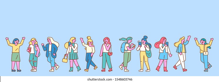 Group of young women or girls dressed in casual trend clothes standing together. Friends. Female cartoon linear characters isolated on blue background. Flat minimal colored illustration.