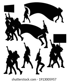 group of young women holding banners - human rights protestor black and white vector silhouette set