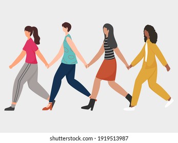 Group Of Young Women Holding Hands Each Other In Walking Pose.