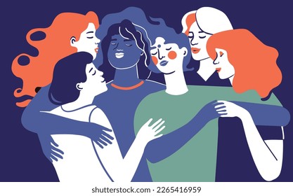 A group of young women hugging each other. Concept illustration for the celebration of International women's day.