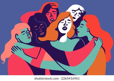 A group of young women hugging each other. Concept illustration for the celebration of International women's day.