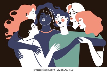 A group of young women hugging each other. Concept illustration for the celebration of International women's day.