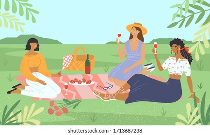 Group Of Young Women At A Picnic In The Park. Smiling Friends Drinking Wine And Eating Food On The Lawn. Girls Relaxing And Have A Lunch Outside. Flat Colorful Vector Illustration.