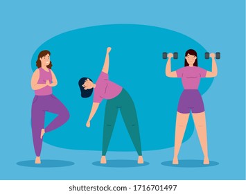 group young women practicing exercise vector illustration design