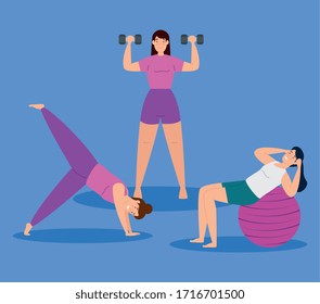 grupo de mujeres jóvenes que practican el diseño de ilustraciones vectoriales