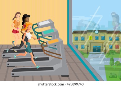 Group of young women running on treadmills in modern sport gym. Girls in club near a large window. Vector flat cartoon illustration