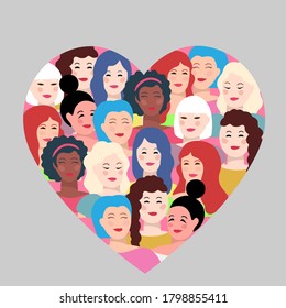 Group of young women in the shape of a heart. Women faces. Different ethnicity, hair and clothes. Vector illustration.