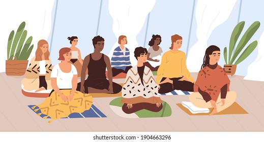 Group of young women sitting on mats, meditating and performing breath control exercises. Yoga retreat, spiritual practice and meditation. Female class. Colored flat cartoon vector illustration