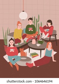 Group of young women sitting in room furnished in Scandinavian style, drinking tea and talking to each other. Girls spending time together at home. Hygge evening. Flat cartoon vector illustration.