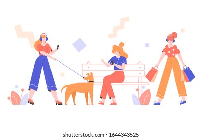 A group of young women spend time in the park. Sits on a bench, walks with a dog, goes shopping. All girls are in headphones, listen to music or podcasts online. Vector flat illustration.