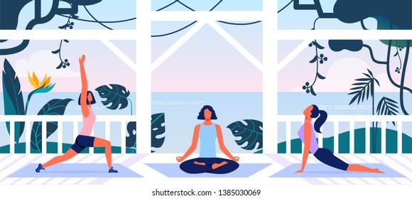 Group of Young Women in Sportswear Workout and Yoga Training on Open Air Veranda with Beautiful Sea View. Healthy Lifestyle, Outdoors Fitness Class, Wellness Activity, Cartoon Flat Vector Illustration