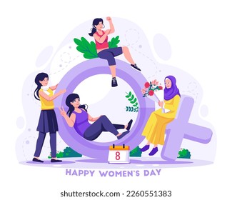 Group of young women standing and sitting near a big female gender symbol. Happy International Women's Day. Vector illustration in flat style