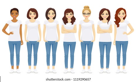 Group of young women standing in white t-shirts isolated