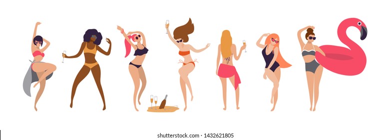 Group of young women in swimsuits are dancing on the beach. Hen party on the beach. Happy people dance, drink wine or champagne. Colorful vector illustration in flat style isolated on white background