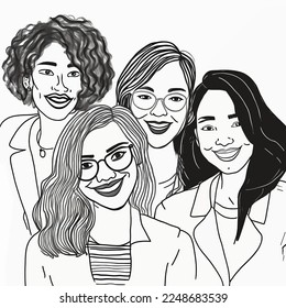 A group of young women united and modern, enjoying the current lifestyle and supporting each other. A colorful and inspiring illustration that expresses feminism and diversity.