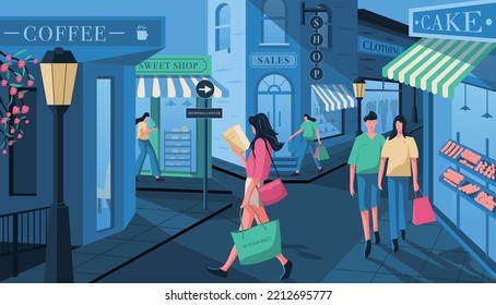 A group of young workers are shopping on a busy city street, surrounded by shops, enjoying their lives. A view of a busy street scene.