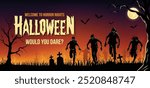 A group of zombies is running through a graveyard under a full moon.