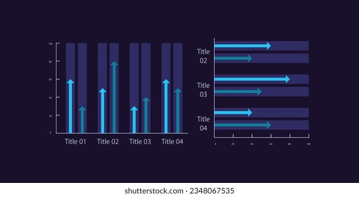 Grouped arrows infographic chart design template set for dark theme. Economic development. Visual data presentation. Editable bar graphs collection. Myriad Pro-Bold, Regular fonts used