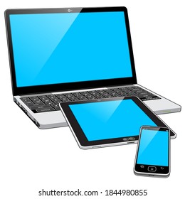 Una colección agrupada de 3 dispositivos tecnológicos: Un ordenador personal para Smart Phone, Laptop y Tablet. Las pantallas azules indican que los dispositivos están encendidos.