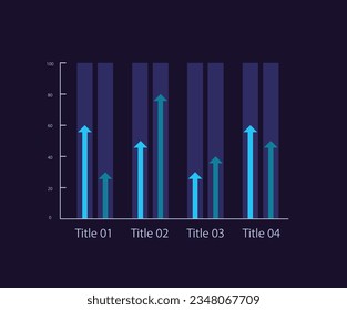 Grouped column infographic chart with arrows design template for dark theme. Four sections. Editable infochart with vertical bar graphs. Visual data presentation. Myriad Pro-Bold, Regular fonts used