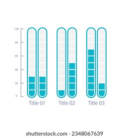 Grouped fragmented infographic chart design template. Progress compare. Three indicators. Editable infochart with vertical bar graphs. Visual data presentation. Myriad Pro-Bold, Regular fonts used
