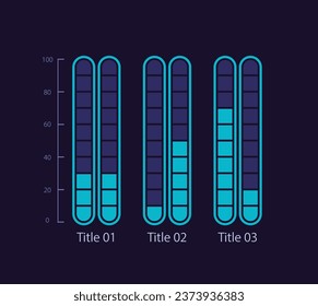 Grouped fragmented infographic chart design template for dark theme. Progress compare. Editable infochart with vertical bar graphs. Visual data presentation. Myriad Pro-Bold, Regular fonts used