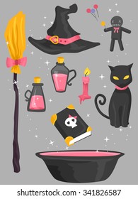 Grouped Illustration of Elements Typically Associated with Witches