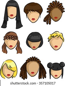 Ilustración grupal con muestras de peinados para mujeres