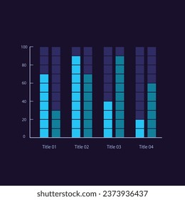 Grouped infographic chart design template for dark theme. Four titles. Growth indicators. Editable infochart with vertical bar graphs. Visual data presentation. Myriad Pro-Bold, Regular fonts used