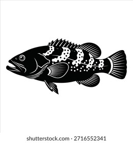 Grouper fish black and white vector for seafood restaurant menu. Spotted marine animal isolated on white. Deep sea catch for fishing or culinary