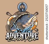 Grouper Fish Sport Fishing in Brown Background Colorful Vector Cartoon Modern Illustration for sticker badge emblem t-shirt banner invitation