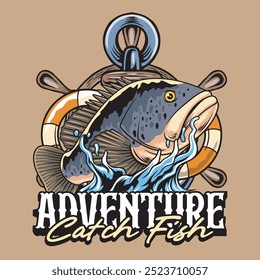 Grouper Fish Sport Fishing in Brown Background Colorful Vector Cartoon Modern Illustration for sticker badge emblem t-shirt banner invitation