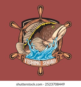 Grouper Fish Sport Fishing Squad in Red Background Colorful Vector Cartoon Modern Illustration for sticker badge emblem t-shirt banner invitation