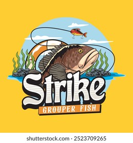 Grouper Fish Sport Fishing Strike in Yellow Background Colorful Vector Cartoon Modern Illustration for sticker badge emblem t-shirt banner invitation