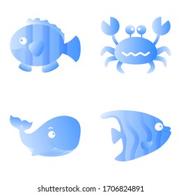 Grouper Fish Whale Crabs and Sea Fish. Cute Animal Mascot Icon Flat Design