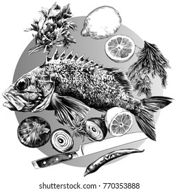 grouper lemon pepper parsley onion knife green sketch vector graphics monochrome black-and-white drawing