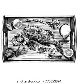 grouper lemon pepper parsley onion knife green sketch vector graphics monochrome black-and-white drawing