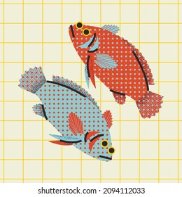 Grouper sobre el fondo de la luz. Elegante ilustración de pescado fresco en un estilo plano de dibujos animados.
