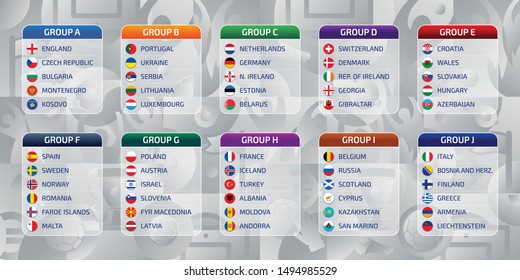 Groupes table, draw results, flags of countries participating to the international tournament in Europe, 2020 qualify, vector illustration